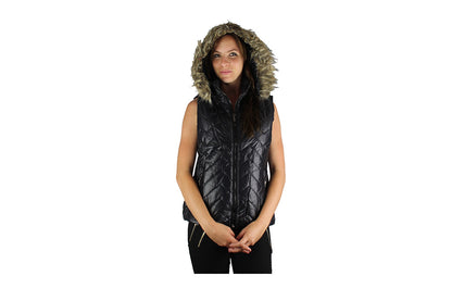 Black Sleeveless Puffer Jacket with faux fur trim collar and hood - BuyAbility South Africa