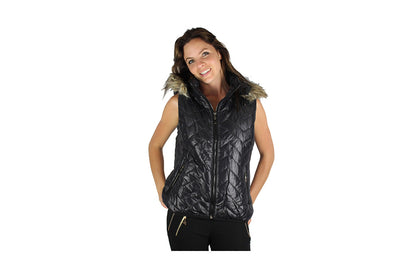 Black Sleeveless Puffer Jacket with faux fur trim collar and hood - BuyAbility South Africa