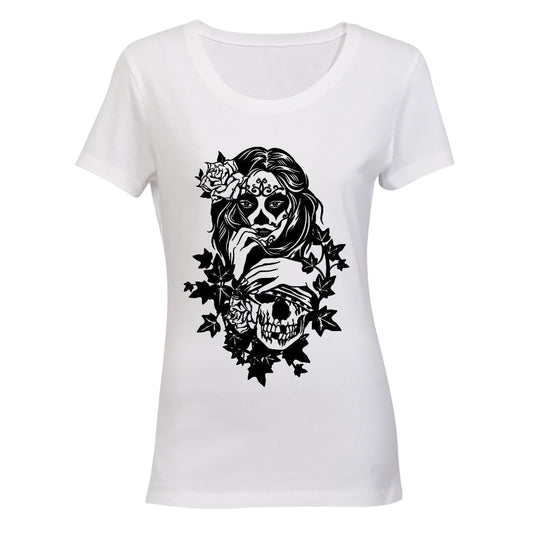 Sugar Skull in Leaves - Halloween - Ladies - T-Shirt - BuyAbility South Africa